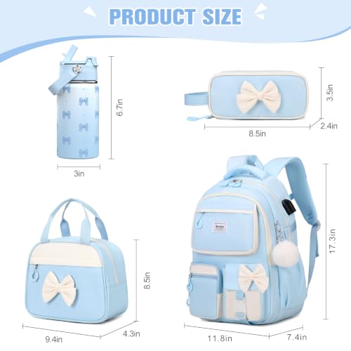 Bevalsa Backpack for Girls, Bow Bookpack with 14oz Insulated Water Bottle, Lunch Bag & Pen Case, Schoolbag for Kids & BPA-FREE Stainless Steel Metal Cup for Elementary Middle Student (Blue) - color: Blue