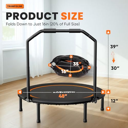 Zupapa 48" Foldable Rebounder, 550LBS Fitness Trampoline with Durable Bungees, Adjustable Handl, Stable & Quiet Exercise Rebounder for Adults, Great Mini Trampoline for Indoor/Garden Workout