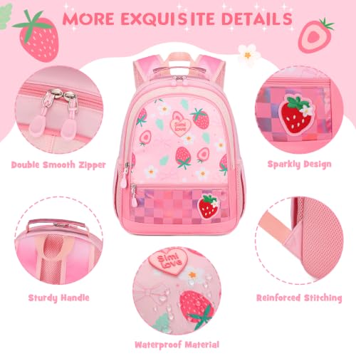 Kids Backpack for Girls 5-8, 4PCS Toddler Backpack with 13oz Kids Insulated Water Bottle, Lunch Box and Pencil Case, Girls Bookbag Schoolbag for Primary Kindergarten Elementary School - color: Strawberry Pink