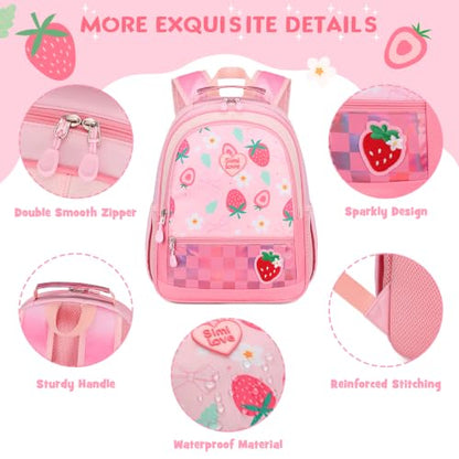 Kids Backpack for Girls 5-8, 4PCS Toddler Backpack with 13oz Kids Insulated Water Bottle, Lunch Box and Pencil Case, Girls Bookbag Schoolbag for Primary Kindergarten Elementary School - color: Strawberry Pink