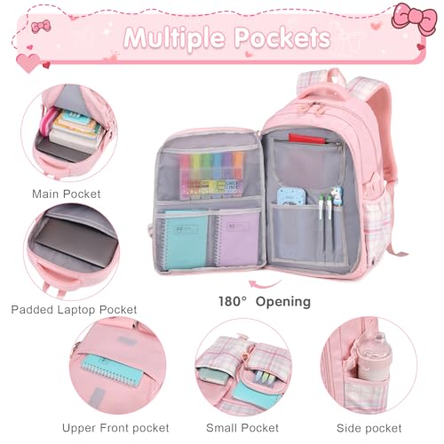 ACESAK 5PCS Backpack for Girls with Bento Box & 14oz Insulated Water Bottle - Cute School Girls Backpacks for Elementary Preschool Middle with Lunch Bag & Pencial Case, Back To School Gift (Pink) - color: Pink