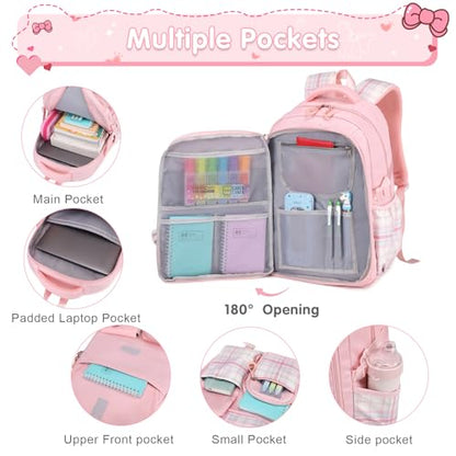 ACESAK 5PCS Backpack for Girls with Bento Box & 14oz Insulated Water Bottle - Cute School Girls Backpacks for Elementary Preschool Middle with Lunch Bag & Pencial Case, Back To School Gift (Pink) - color: Pink