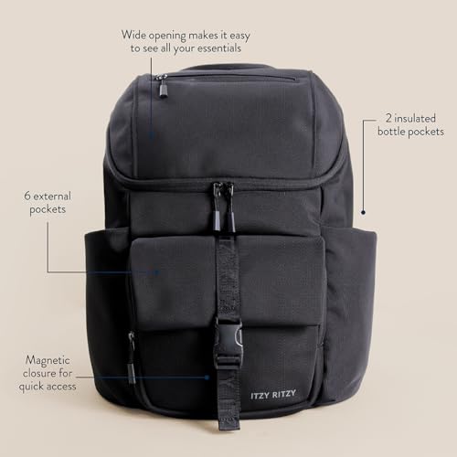 Itzy Ritzy Belong Bucket Backpack – Lightweight Diaper Bag Backpack Featuring 16 Pockets, Bucket Top Opening, Stroller Straps & Changing Pad – Organized and Stylish Everyday Family Backpack (Black) - color: Black
