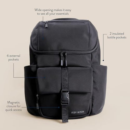 Itzy Ritzy Belong Bucket Backpack – Lightweight Diaper Bag Backpack Featuring 16 Pockets, Bucket Top Opening, Stroller Straps & Changing Pad – Organized and Stylish Everyday Family Backpack (Black) - color: Black