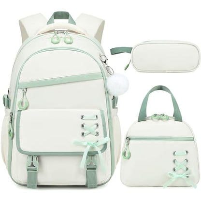 Scothen 3PCS Girls Backpack for School, Kids Backpack for Girls with Lunch Bag Pencil Case, Kids Bookbag Teen Backpacks for Elementary Middle High School - color: White-green