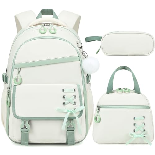 Scothen 3PCS Girls Backpack for School, Kids Backpack for Girls with Lunch Bag Pencil Case, Kids Bookbag Teen Backpacks for Elementary Middle High School - color: White-green