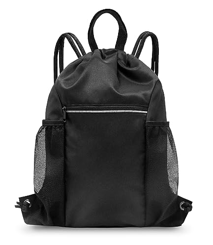 HOLYLUCK Drawstring Backpack Gym Bag For Men Women, String Beach Swim Sports Backpack - color: Black-2 Mesh Pockets, style: Standard Drawstring