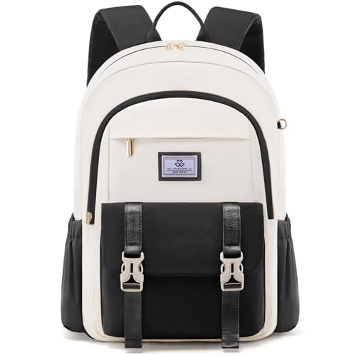 LOVEVOOK School Backpack for Girls Boys,Bookbag for College Women Middle High School, Waterproof Teen Bookbag, Preppy Backpack Travel Daypack with 15.6 inch Laptop Compartment - color: Beige-black, size: Medium-15.6" without Side Straps