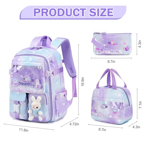 FIXITOK Girls Backpack Set, 3PCS Kids Backpack for Girls, Kawaii Bunny School Backpacks for Girl Kindergarten Elementary Preschool Middle School Bags with Lunch Box Pencil Case Dreamy-Purple - color: Dreamy-purple
