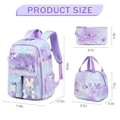 FIXITOK Girls Backpack Set, 3PCS Kids Backpack for Girls, Kawaii Bunny School Backpacks for Girl Kindergarten Elementary Preschool Middle School Bags with Lunch Box Pencil Case Dreamy-Purple - color: Dreamy-purple