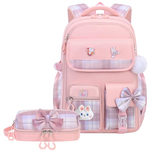 NSEQB Girls Backpack,Kids School Backpack With Lunch Box Pencil Case Set,Cute Childrens Schoolbag For Girls - color: Pink-2PCS