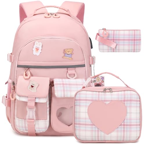 ACESAK Backpack for Girls - Bookbag Backpacks Schoolbag for Girls Kids Teen Women Casual Travel Daypacks - School Bag Elementary Middle School College Cute Backpack with Lunch Box (Pink) - color: Pink