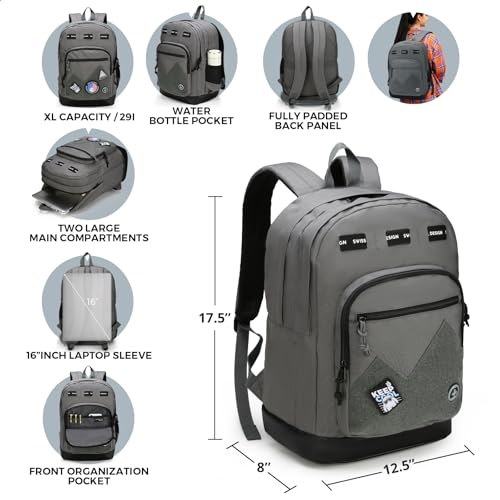 Swissdigital Design Big Student Laptop Backpack with Fun Personalized Patches For College Boys & Girls, Middle High School Teen Bookbag Cool Travel Daypack Grey- Includes 3 Patches | SD1718-03 - color: Dark Grey