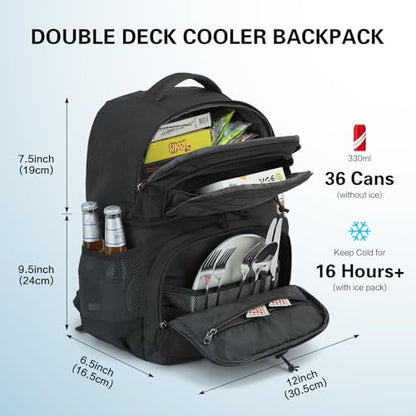 Tactical Double Deck Cooler Backpack for Men, Insulated Cooler Bag with 2 Compartment, 36 Cans Soft Military Insulated Lunch Backpack Waterproof Leakproof for Beach, Camping, Picnic, Hiking - color: Black