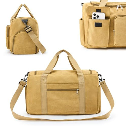 Small Gym Bag for Women, Travel Duffle Bag Carry On Weekender Bag with Shoe Compartment - color: Canvas-Brown, style: Gym Bag&toiletry Bag