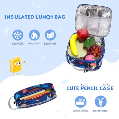 3PCS Boys Backpack Ages 5-8 with Lunch Bag & Pencil Case, Toddler School Backpack for Kids Boys - 15inch Backpack Boy Bookbag for Preschool Kindergarten Elementary School - color: Rocket & Planet