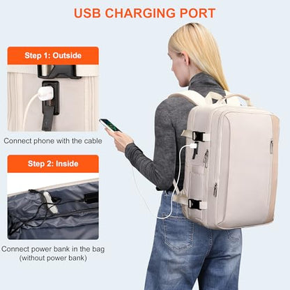 PIJUSHI Travel Backpack for Women Expandable Carry on Luggage Backpack Airline Approved TSA 16" Laptop Bag Business with USB Port(PE034 Beige) - color: Beige