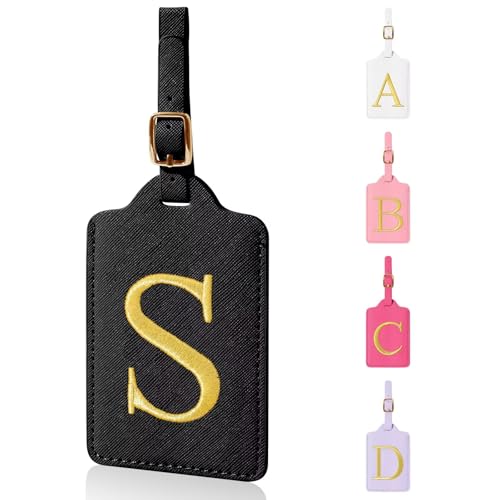 Personalized Initial Luggage Tags for Suitcases,Leather Letter Cute Luggage Tags with Privacy Name Card,Embroidered Monogrammed Travel Bag Backpack Tag Gifts for Women Kids Girls Teens(Black-S) - color: Black, size: S