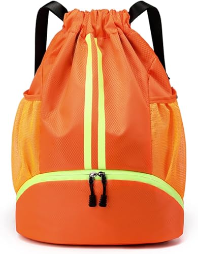 Drawstring Backpack Gym Bag with Shoe Compartment - Ideal for Basketball, Swimming, Beach Activities, Unisex - color: Orange