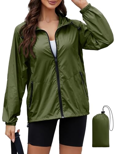 CRIPOM Light Weight Rain Jacket Women Waterproof Windbreaker Travel Rain Coats for Women Packable S-XXL - color: Army Green, size: Medium