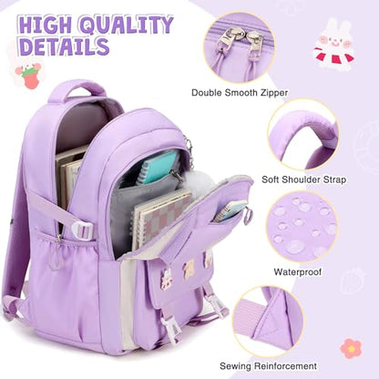 DIGOBAY 3PCS Girls Backpack for School, Kids Backpack for Girls with Lunch Box Pencil Case Set for Teen Girl Elementary Primary Middle High College School Bookbag with Cute Pins (Purple) - color: Purple