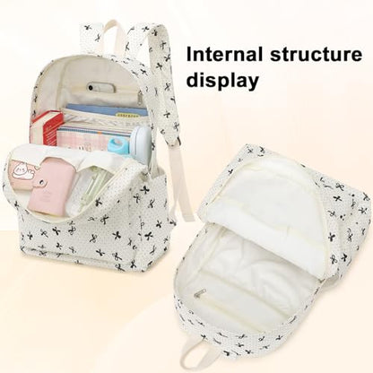 LEDAOU Backpack for Girls School Bag Kids Bookbag Teen Backpack Set Daypack with Lunch Bag and Pencil Case | Kids - color: Beige-bow Tie