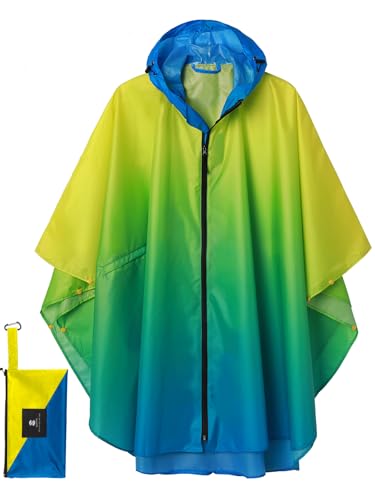 SaphiRose Unisex Rain Poncho Waterproof Raincoat Hooded for Adults Women with Pockets - color: Gradient Yellow-blue