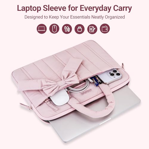 MOSISO Laptop Case 13.3 inch, 13-13.3 inch Puffy Laptop Sleeve Compatible with MacBook Neo/Air 13.6 M5 M4 M3 M2 M1/Pro 13/14, HP Dell ASUS Lenovo, Rectangle Quilted Carrying Bag with Bow&Handle, Pink - color: Pink, size: 13.3 inch