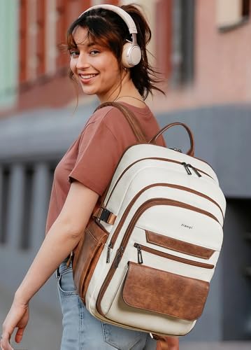 Vegan Leather Backpack, TSA Travel Backpack for Men and Women, Fits 17.0 Inch Notebook with Luggage Strap and USB Port, Beige - color: Beige