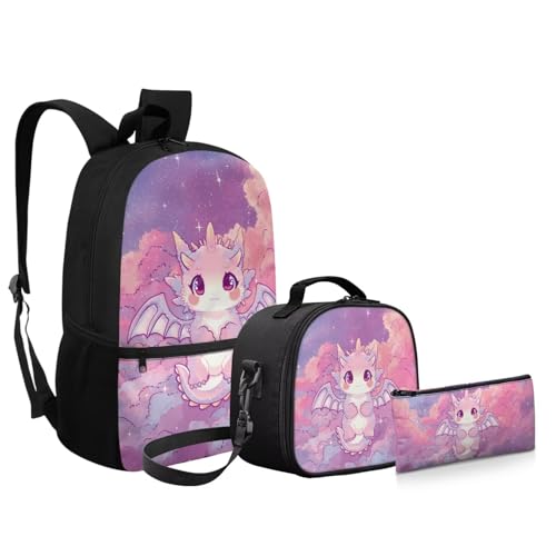 Kids' Backpacks 3 PCS School-Bag Cute Cartoon Axolotl Backpack for Girls 17 Inch Bookbag with Lunch Bag Pencil Case Set Travel Daypack Satchel with Adjustable Strap - color: Axolotl Pink