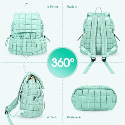 Quilted Puffer Backpack for Women Lightweight Soft Puffy Backpack Purse Casual Daily Drawstring Flap Daypack (Pine Green) - color: Pine Green