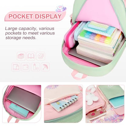 FIXITOK Girls Backpack Set, 3PCS School Backpack for Girls, Kawaii Bunny Kids Backpacks for Girl Kindergarten Elementary School Preschool Travel Daycare Bookbag with Lunch Box Pencil Box Green - color: Green