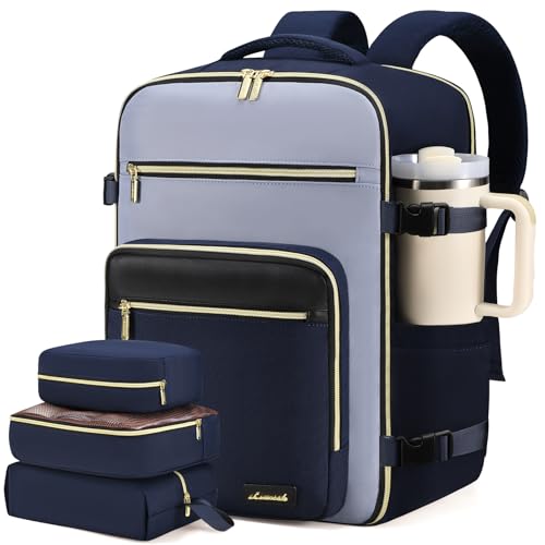 LOVEVOOK Travel Backpack For Women,40L Carry On Backpack Flight Approved,TSA Personal Item Travel Bag Fits 17 Inch Laptop,Business Weekender Overnight Daypack with Toiletry Bag and Cubes - color: Ink Blue and Light Blue and Black, size: 17.3 Inch-40L-4Pcs