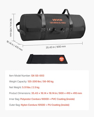 VEVOR Workout Sandbag, Heavy Duty Workout Power Bags with Handles, 125-200 lbs Adjustable Slam Bag for Fitness Strength Weight Training Cross-Training, Home Gym Exercise, Black (Unfilled)