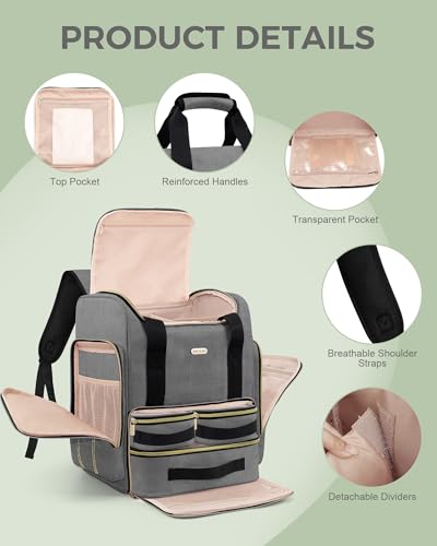BALULHG Large Portable Travel Makeup Bag with 3 Removable Transparent Case, Dual-Shoulder Multi-Functional Cosmetic Bag,Double Layer Big Capacity Makeup Bag Backpack, Patent Pending - color: Grey