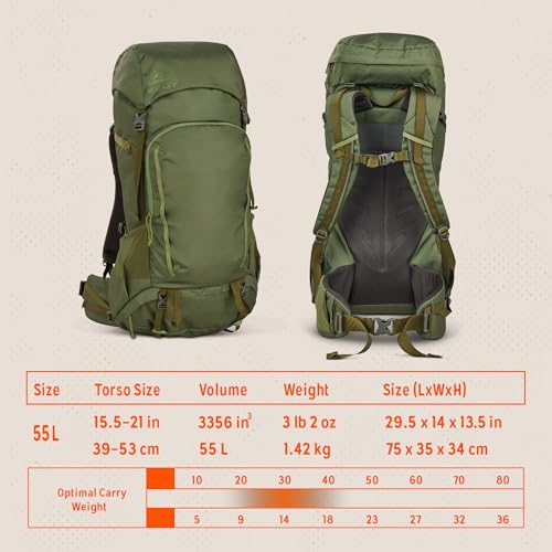 Kelty Asher Backpack, Daypack to Multi-Day Backpacking Capacity, Hiking, Lightweight Travel Pack, Internal Frame (55L Winter Moss) - color: Winter Moss/Dill, size: 55L