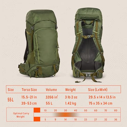 Kelty Asher Backpack, Daypack to Multi-Day Backpacking Capacity, Hiking, Lightweight Travel Pack, Internal Frame (55L Winter Moss) - color: Winter Moss/Dill, size: 55L
