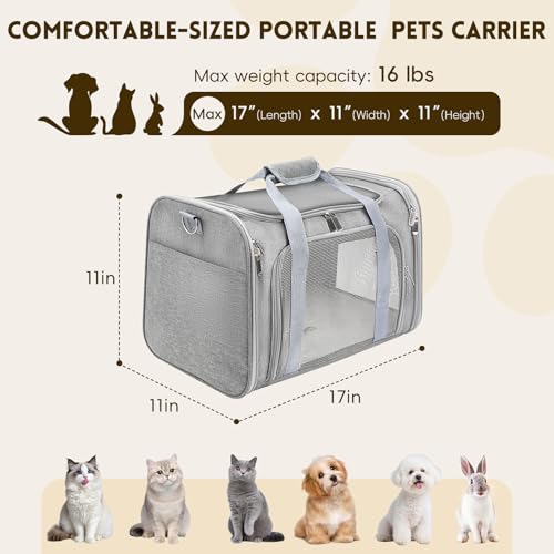 Cat Carrier Soft, Dog Carriers for Small Dogs/Large Cats (Up to 16lbs), with High Breathability, Shoulder Strap, Removable Pad, Pet Carrier Airline Approved, for Home Outdoor Travel (Gray) - color: Gray