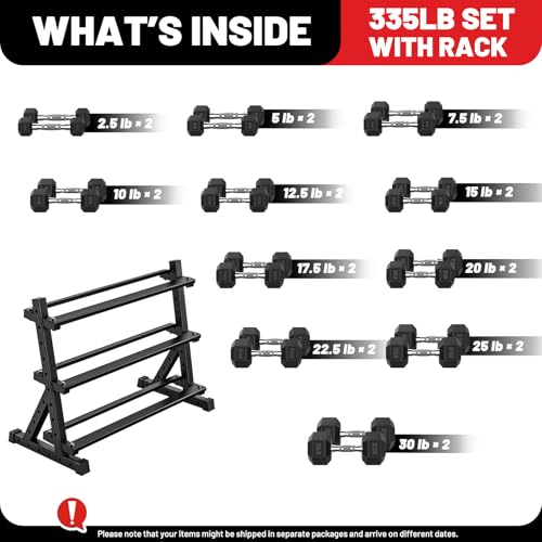PAPABABE Hex Dumbbell Set with Rack, Rubber Encased Free Weight with Weight Storage Racks, Multiple Weight Options for Home Gym and Fitness - style: 335LB with 3-Tier Weight Rack