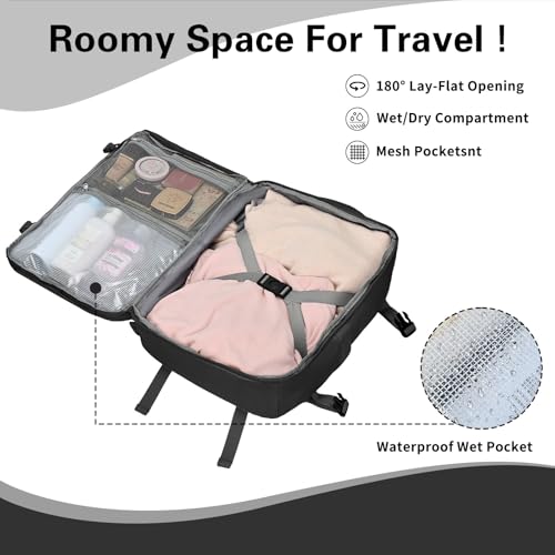 Carry On Backpack for Women & Men – Airline Approved Underseat Size, 15.6" Laptop Compartment, TSA-Friendly 180° Opening, Anti-Theft Business Travel Backpack with Trolley Sleeve(Black, Large) - color: Black, size: Large