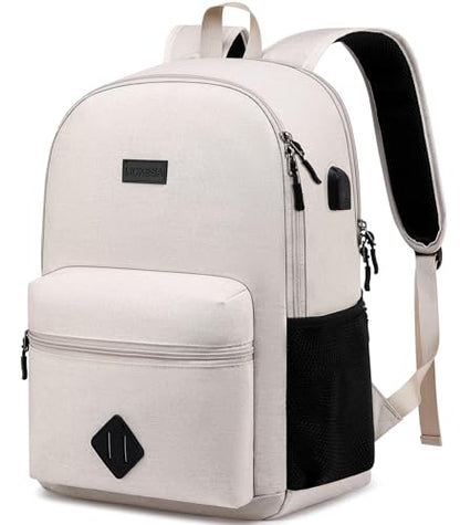 Casual Laptop Backpack,School Backpack Large Bookbag with USB for High School College Students Office Business, Beige - color: Beige, size: 15.6 Inch