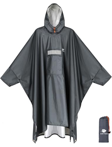 ANYOO Hooded Rain Poncho for Adults Waterproof Lightweight Rain Coat for Men Women Reusable Rain Jacket for Emergency Outdoor - color: Dark Grey