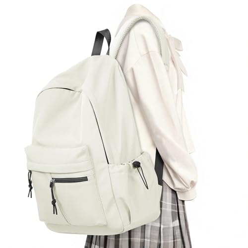 School Backpack for Girls Boys Bookbag Cute Aesthetic College Backpack Women Middle High School Teen Students Book Bag Lightweight Gym Work Laptop Casual Daypack Backpacks Men Beige - color: Beige