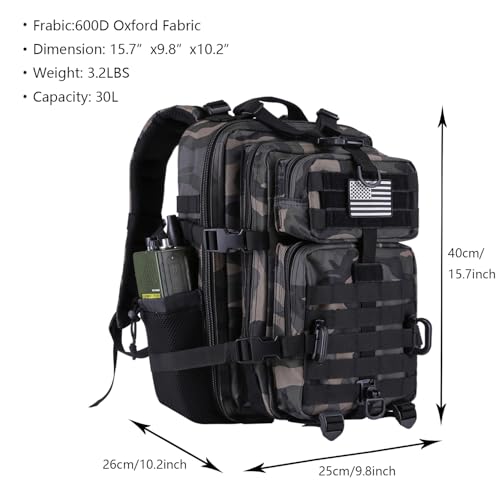 Hannibal Tactical 30L MOLLE Assault Pack, Tactical Backpack Military Army Camping Rucksack with Bottle Holder, 3-Day Pack, Black Camo - color: Black Camo, size: 30L