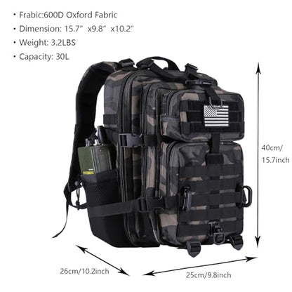 Hannibal Tactical 30L MOLLE Assault Pack, Tactical Backpack Military Army Camping Rucksack with Bottle Holder, 3-Day Pack, Black Camo - color: Black Camo, size: 30L