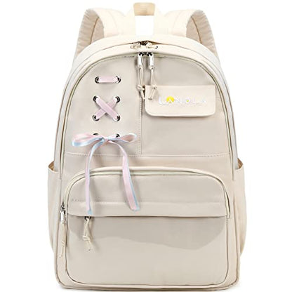 Lanola Teen Girl School Backpack Casual Daypack Bookbag Elementary College Travel Backpack with Cute Ribbon for Girls - color: Beige