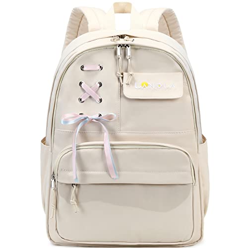 Lanola Teen Girl School Backpack Casual Daypack Bookbag Elementary College Travel Backpack with Cute Ribbon for Girls - color: Beige