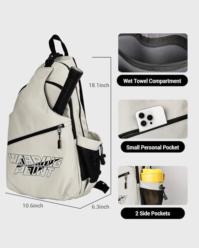 Warping Point Pickleball Bag, Adjustable Large Capacity Pickleball Crossbody Backpack for Women Men, Sling Padel Bag Hold 2 to 4 Paddles with Multiple Compartments, Wet & Safety Pocket Fence Hook - color: Pickleball Bag - Grey
