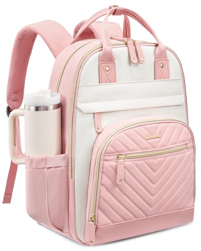 LOVEVOOK Laptop Backpack Women with Giant Tumbler Holder,17.3 inch Waterproof Work Travel Backpack Computer Laptop Bag,Cute College Nurse Teacher Backpack Purse,Gifts for Women & Men,Beige-Pink-Pink - color: Beige-pink-pink, size: 17-Cup