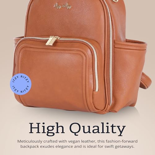 Itzy Ritzy Mini Diaper Bag Backpack – Chic, Compact Mini Plus Backpack with Changing Pad, 10 Pockets (6 Internal, 4 External), Grab-Top Handle & Rubber Feet (Cognac) - color: Cognac
